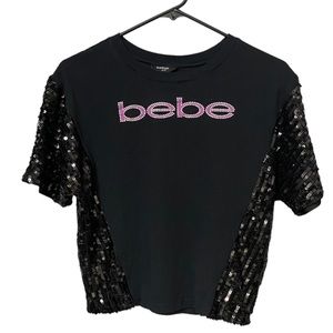 bebe Girls - Black & Sequin Logo Top - Short Sleeve Shirt - Size 14 Large